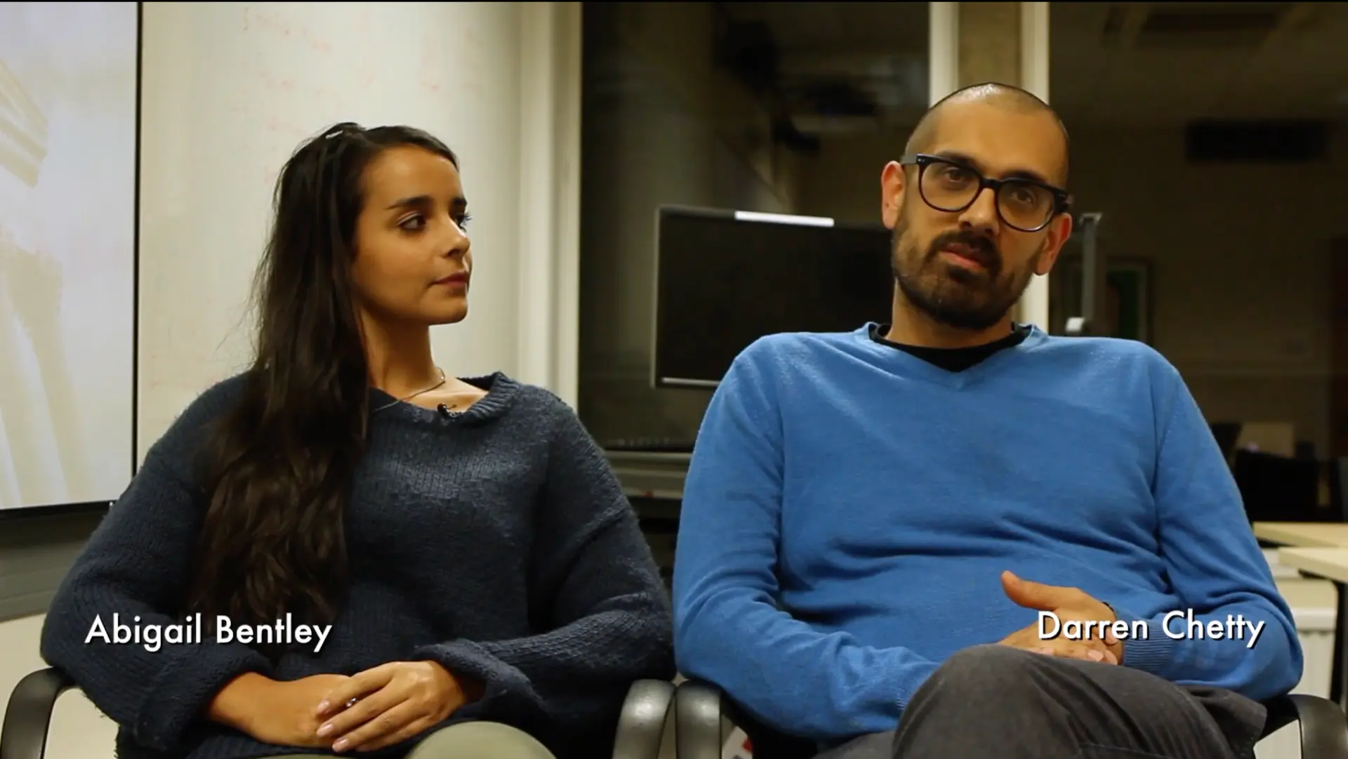 Still from the Dwelling Together documentary film, showing Abigail Bentley and Dr Darren Chetty in conversation